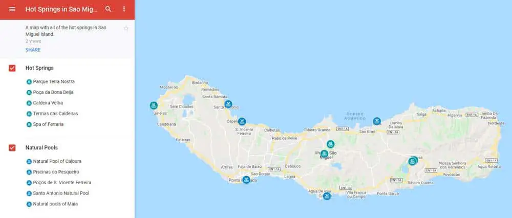 Hot Springs in Sao Miguel Map